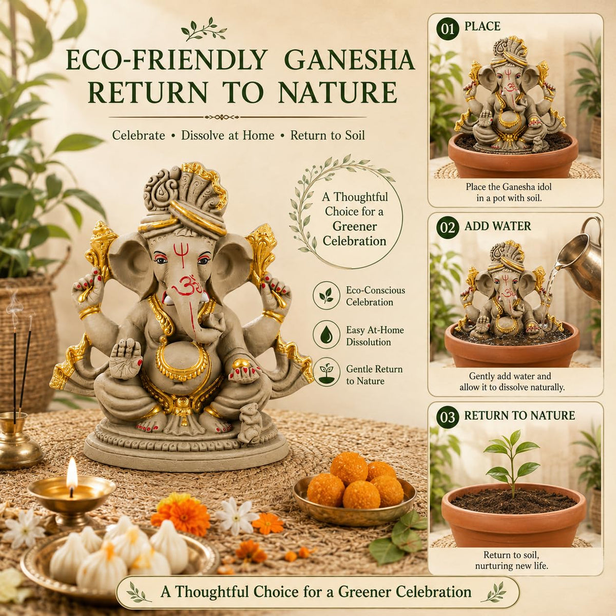 TIED RIBBONS 100% Eco Friendly Clay Mitti Ganesha Idol Statue - (Large, 12 Inch) Murti for Ganpati Visarjan Pooja Room Handcrafted Decoration Items for Ganesh Chaturthi Home Décor Table Gifting Item