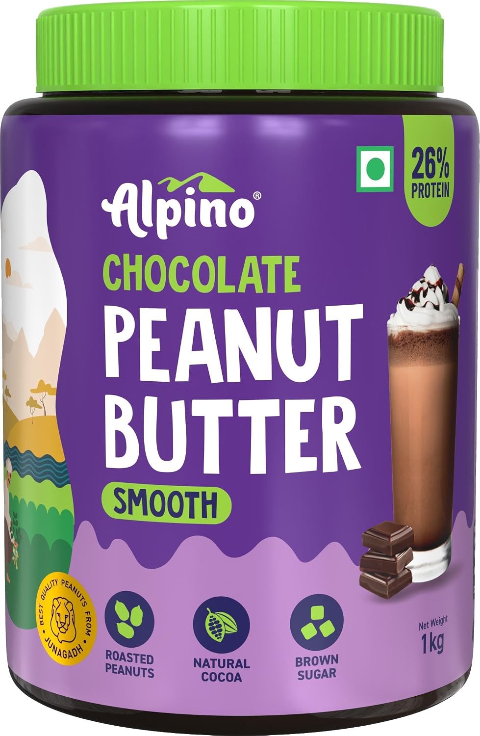 ALPINO Chocolate Peanut Butter Smooth - Roasted Peanuts, Chocolate Paste, Brown Sugar & Sea Salt - 26g Protein, Gluten Free – Plant Based Peanut Butter Creamy