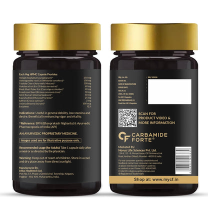 Two black supplement bottles with gold caps on a white background