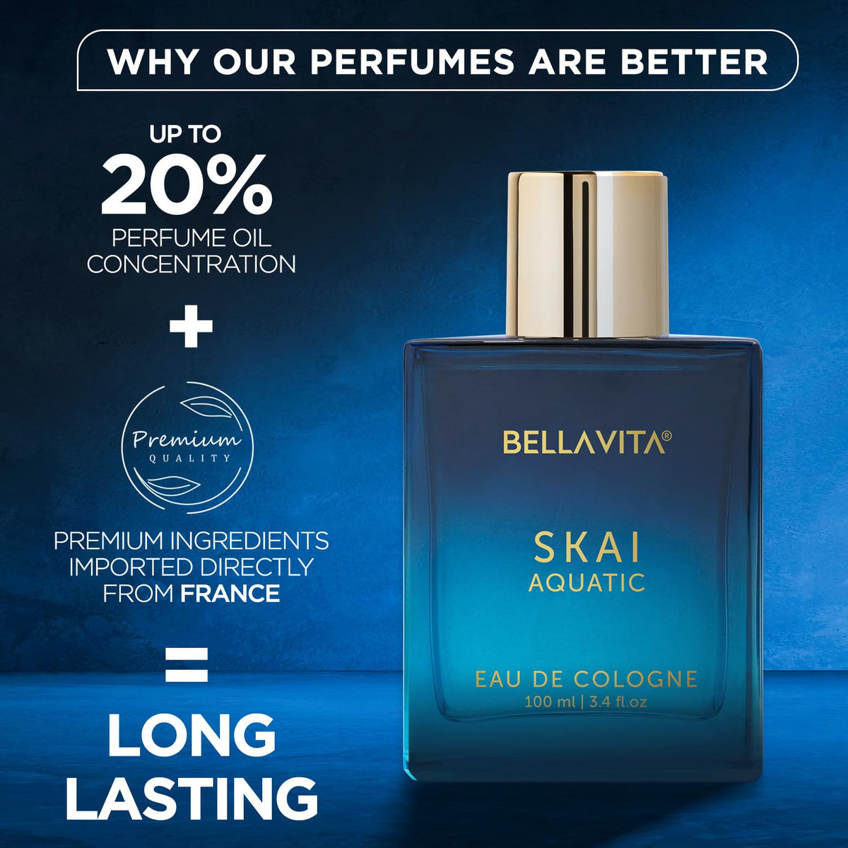 Bellavita Skai Aquatic cologne bottle with promotional text on a blue background