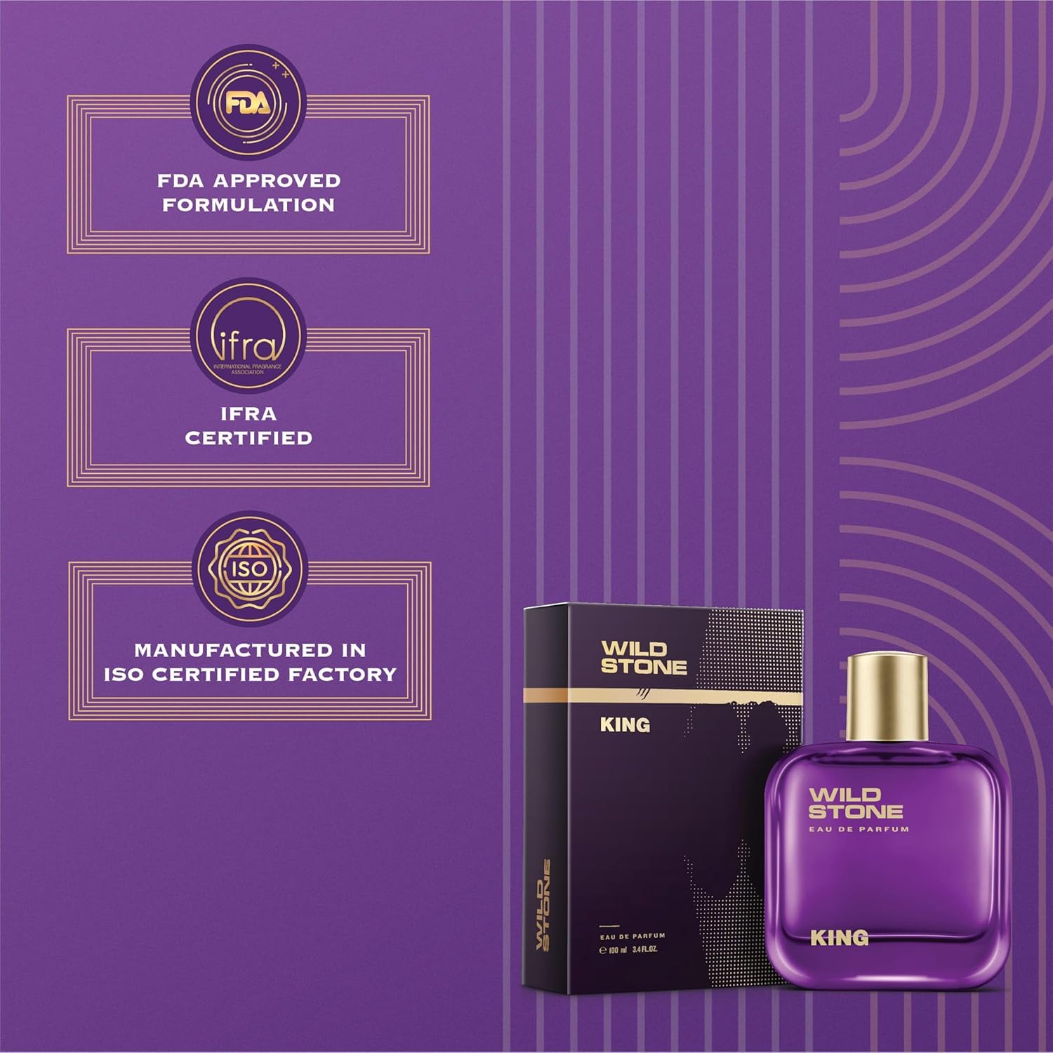 Wild Stone King perfume bottle and packaging on a purple background with certification logos.