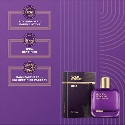 Wild Stone King perfume bottle and packaging on a purple background with certification logos.