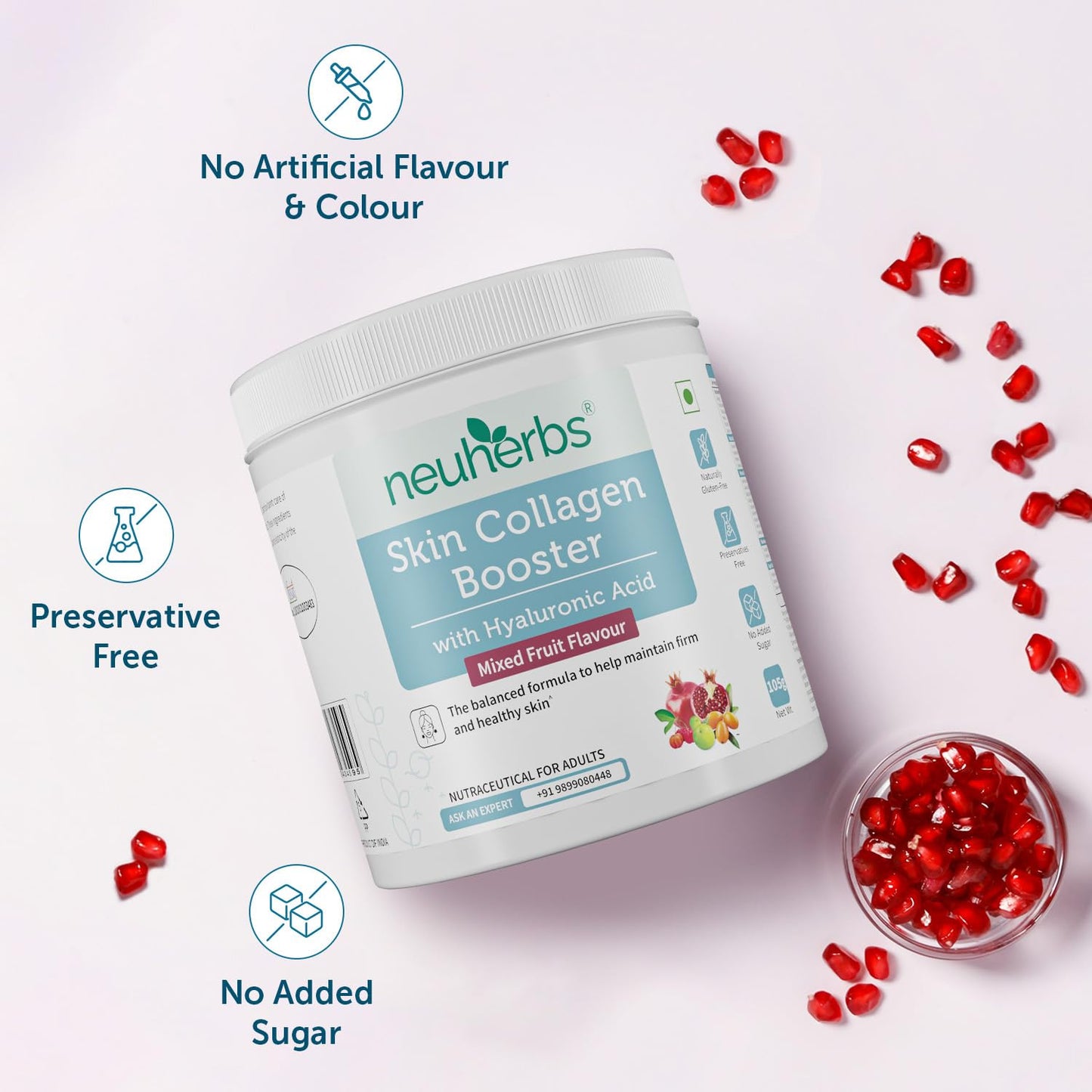 Neuherbs Collagen Supplement Powder | Plant Based Skin Collagen Booster Peptides for Men & Women | With Hyaluronic Acid, Vitamin C & E for Glowing & Youthful Skin | Mixed Fruit Flavour, 105g