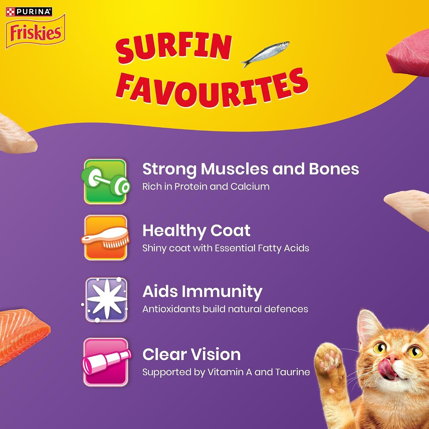 Purina Friskies Surfin' Favourites, Dry Food for Adult Cats, 1kg Pack | With Mackerel, Tuna, Salmon & Sardine Flavours, Complete Nutrition, Omega 3 & 6, Taurine, Calcium
