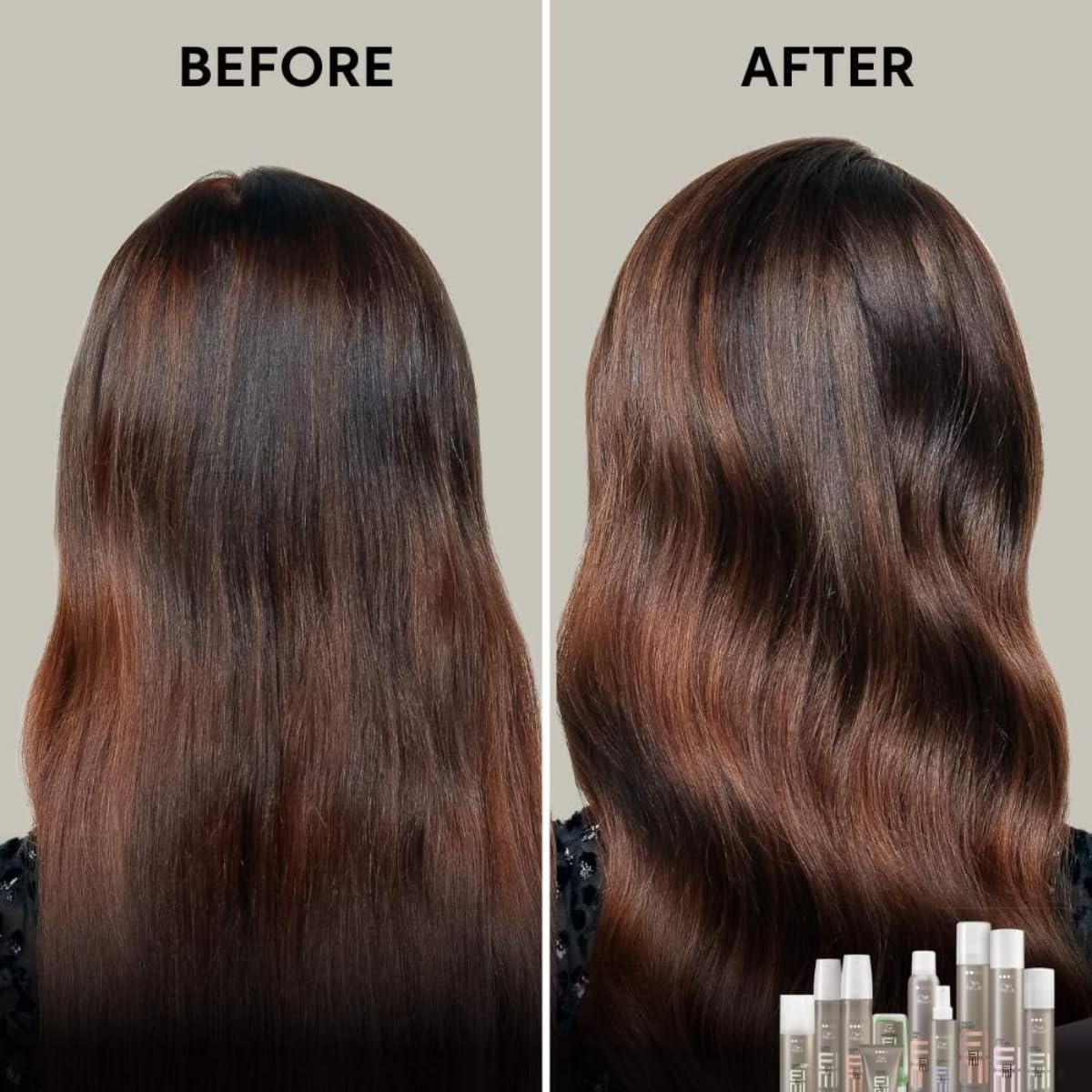 Before and after comparison of hair treatment with visible results on a neutral background.