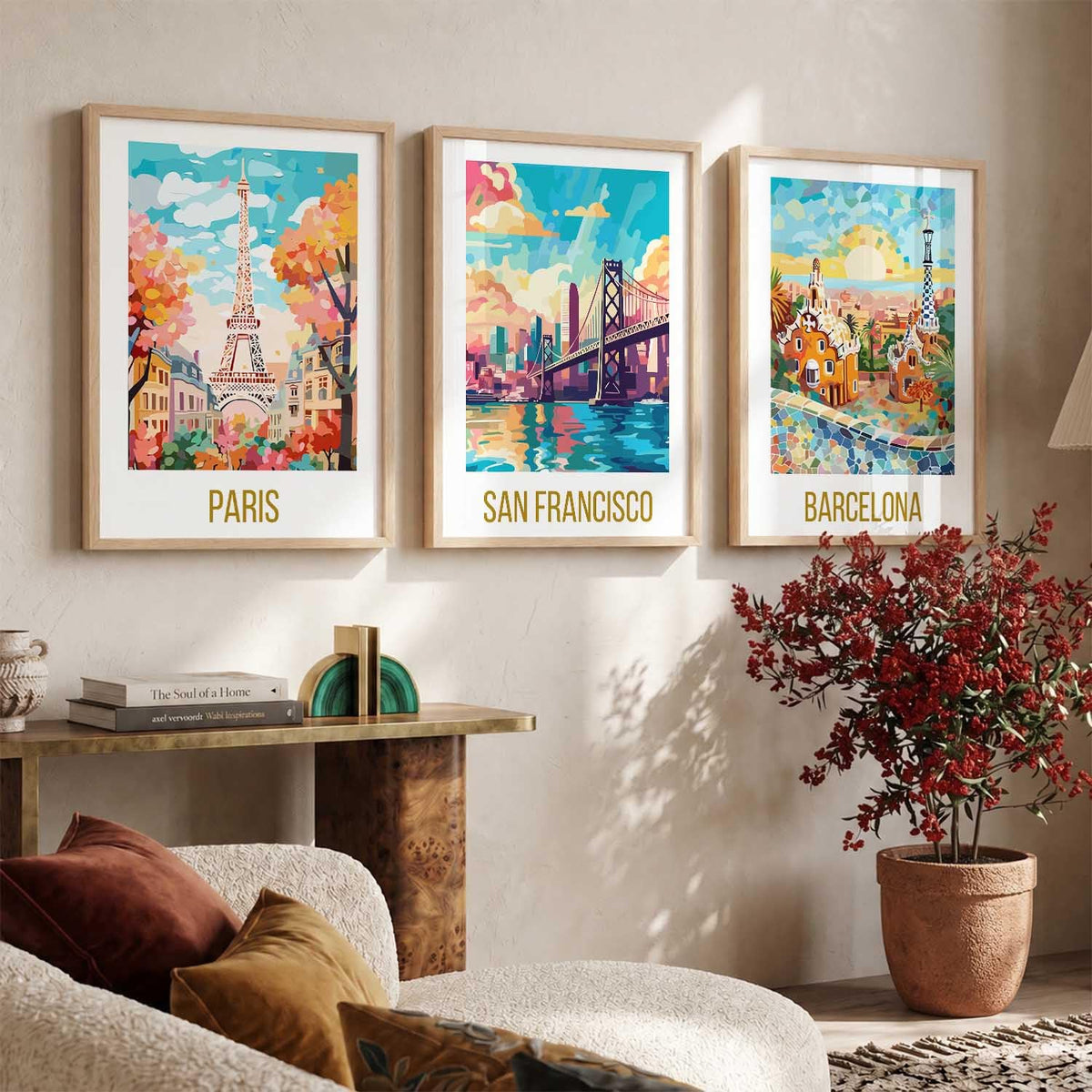 Decorative Travel poster With Frame Wall Art Home Decor Painting For Living Room Office Hotel Wall Decor Digital Reprint Set of 3 (13X17 inch)