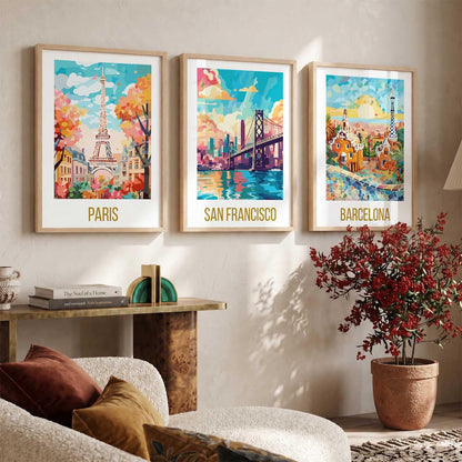 Decorative Travel poster With Frame Wall Art Home Decor Painting For Living Room Office Hotel Wall Decor Digital Reprint Set of 3 (13X17 inch)
