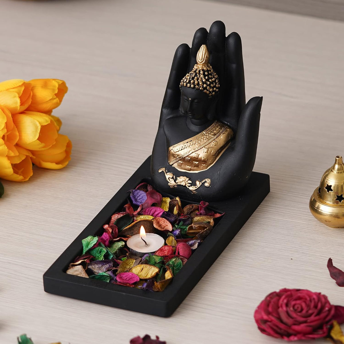 eCraftIndia Black Golden Resin Palm Buddha Idol Showpiece Potpourri Tea Light Candle Holder| Lord Buddha Statue Tea Light Holder| Diwali Decoration Items for Home Decor| Gift for Diwali Housewarming
