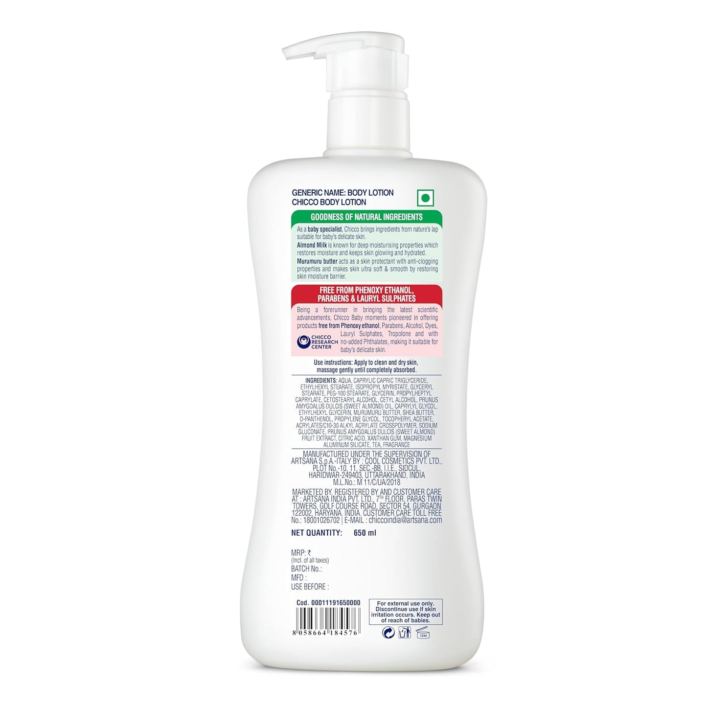 Chicco Baby Moments Body Lotion for Babies, 650ml | Almond Milk & Murumuru Butter | Quick Absorb Formula with Natural Ingredients for Ultra Soft Skin | Dermatologically Tested | Parabens & Phenoxyethanol Free