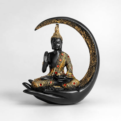 10 Inch 3D Meditating Buddha Statue with Crescent Moon | Black Resin Buddha Idol for Home Decor, Living Room, Office Desk & Gift | Lucky Spiritual Decorative Showpiece