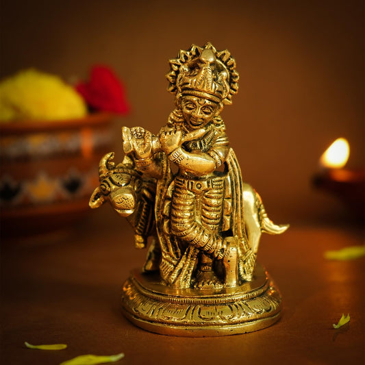 100% Pure Brass Lord Krishna Idol with Flute (9 cm) | Shree Lord Krishna Statue for Home Decor | Kanha Ji ki Murti for Office Desk | Sri Krishna Idols Gift for House Warming