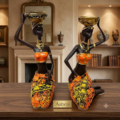 Vibrant Beautiful Finish Uniquely Hand Crafted Home Decor African Tribal Women Art Piece (Sitting African Lady Set of 2)