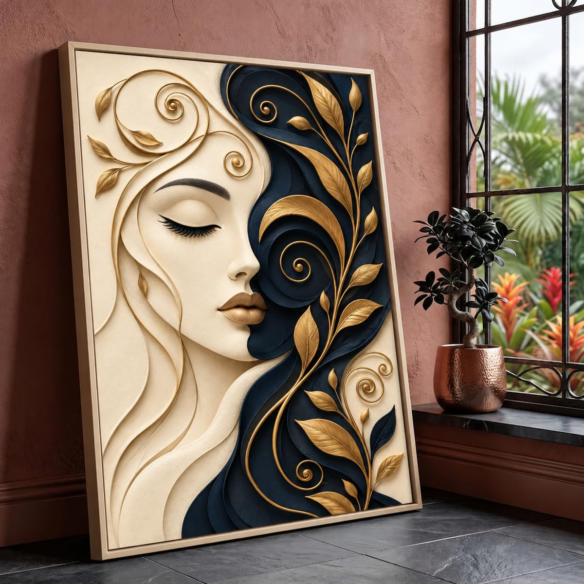 Framed Laminated Wall Art, Luxury Abstract Woman Portrait, 3D Effect Decorative Art Print for Living Room and Bedroom, Set of 1