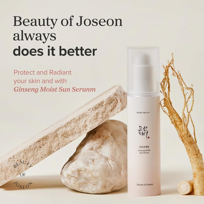 Ginseng Moist Sun Serum from Beauty of Joseon with natural elements on a light background