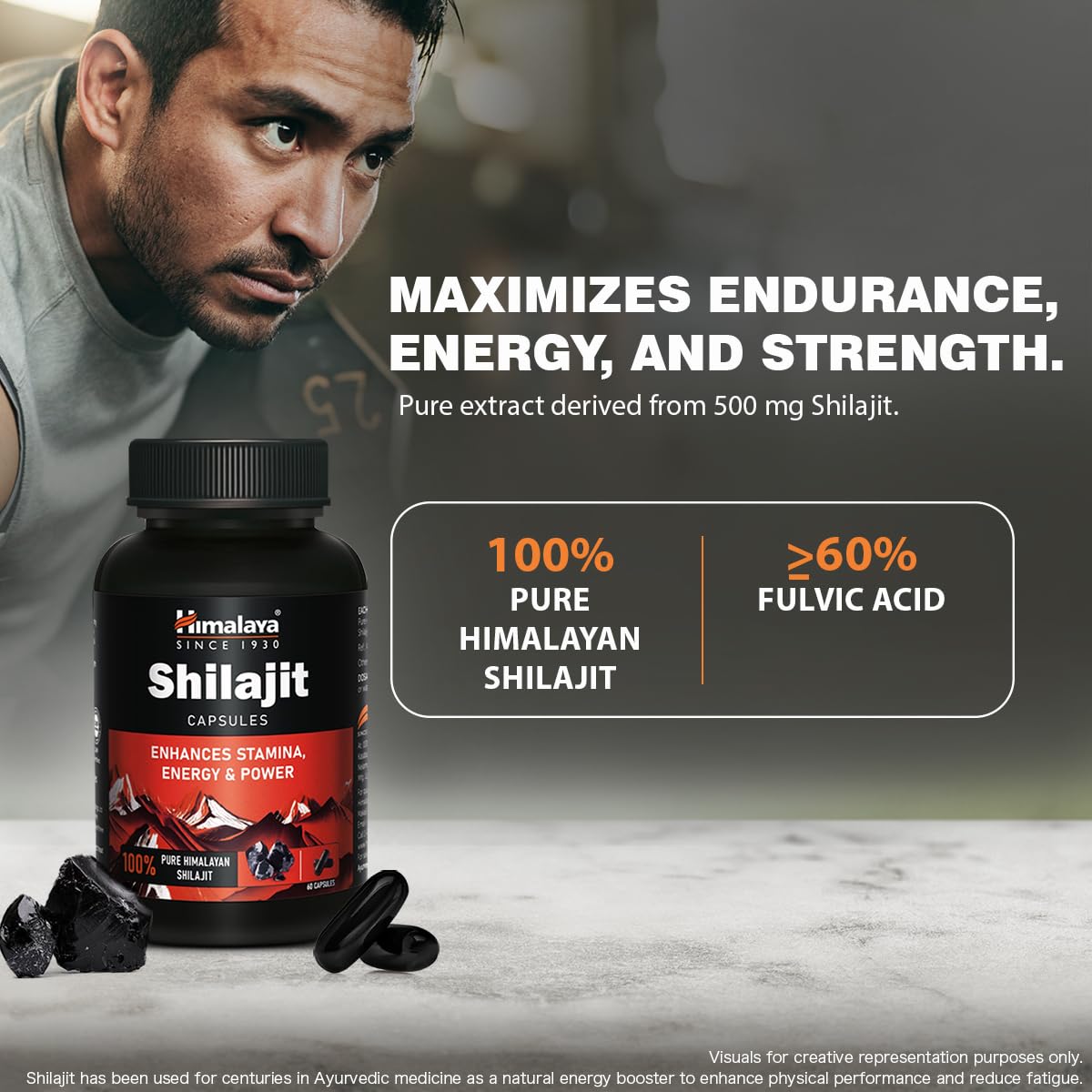 Himalaya Shilajit capsules with a man in the background, emphasizing endurance, energy, and strength.