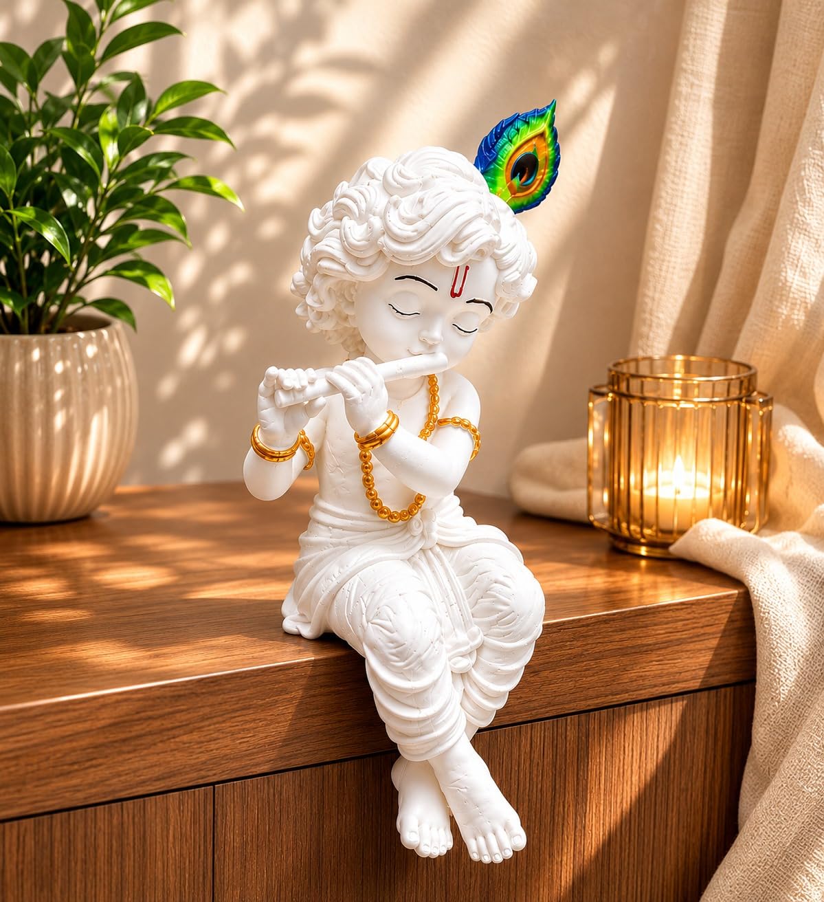 Premium Little Krishna Statue with Flute & Butter Pot | Baby Krishna Idol for Home Decor | White & Gold Resin Krishna Murti for Puja Room, Temple, Living Room & Gift