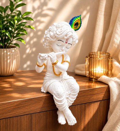Premium Little Krishna Statue with Flute & Butter Pot | Baby Krishna Idol for Home Decor | White & Gold Resin Krishna Murti for Puja Room, Temple, Living Room & Gift