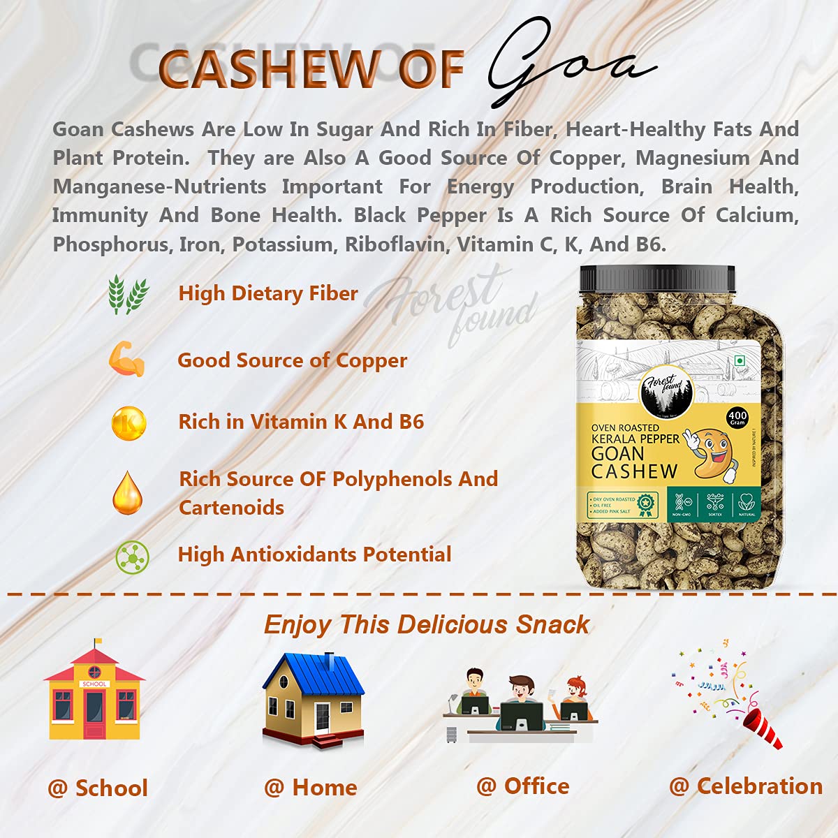 Forest Found Tellicherry Pepper Roasted Cashews (400g) | 100% Oil-Free & Dry Roasted | Jumbo Premium Kaju Nuts | Low Sodium Gourmet Healthy Snack | Black Pepper Seasoned Roasted Cashews