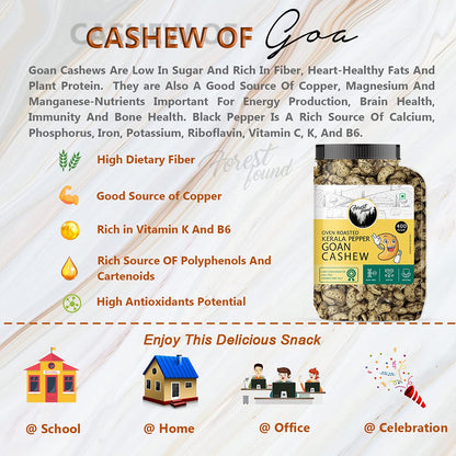 Forest Found Tellicherry Pepper Roasted Cashews (400g) | 100% Oil-Free & Dry Roasted | Jumbo Premium Kaju Nuts | Low Sodium Gourmet Healthy Snack | Black Pepper Seasoned Roasted Cashews
