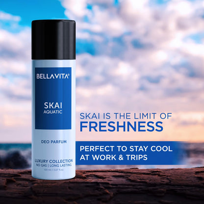 Bellavita Skai Aquatic deo parfum bottle with a scenic background