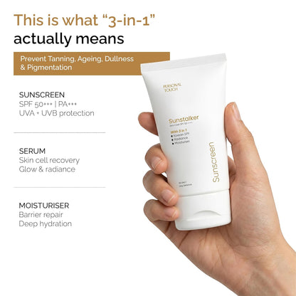 Personal Touch Sunscreen SPF50 PA++++ for Face | Sunstalker Korea 3 in 1 Formula | with Niacinamide | Tanning & Aging Defense | Lightweight No White Cast | Oil-Free, Acne Safe | 30 ml