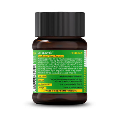 Dr. Vaidya's Herboslim Tablets | Ayurvedic Weight Loss Supplement | Strong Fat Burner for Men & Women | Supports Metabolism & Fat Loss | 30 Capsules | Herbal Fat Burners for Weight Management