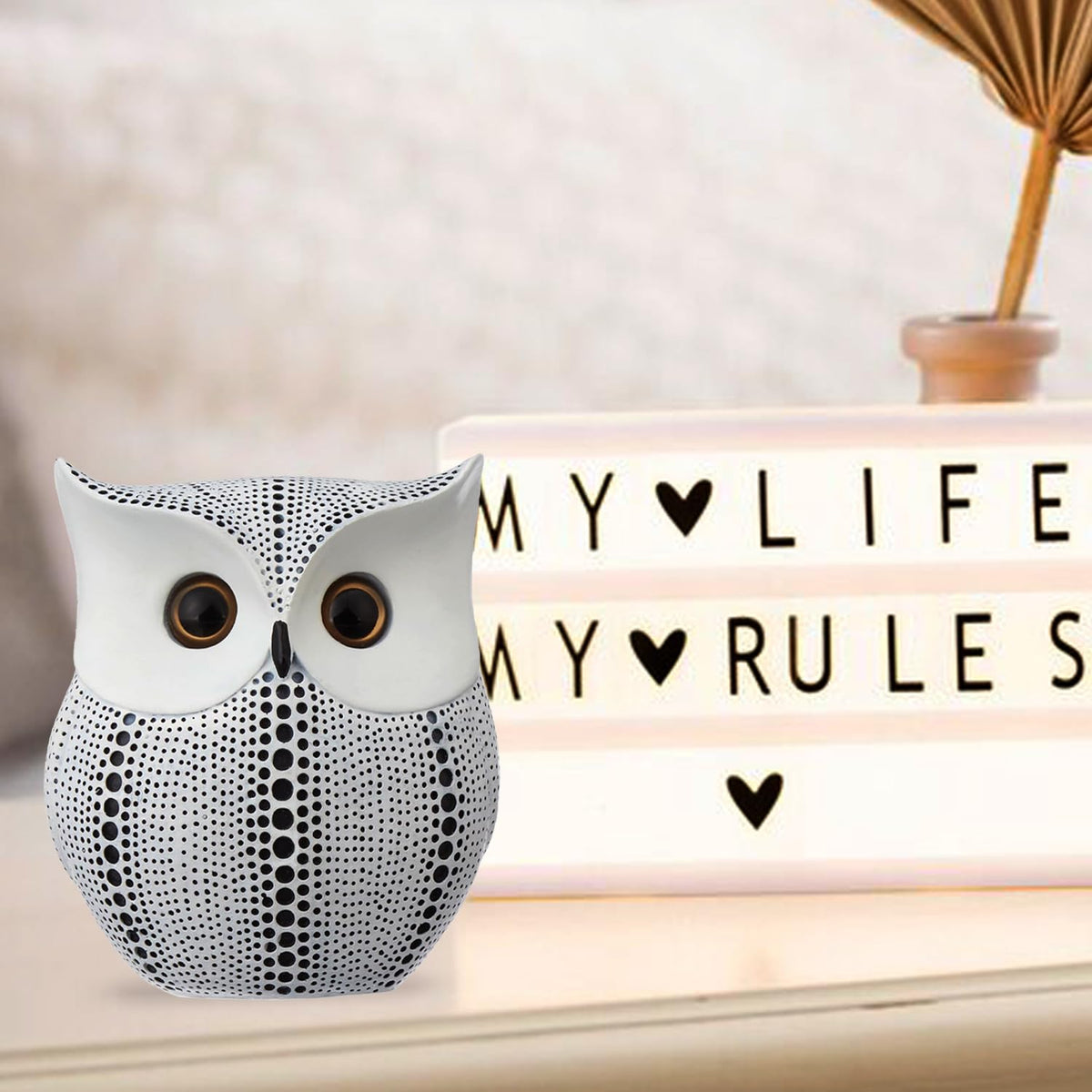 Modern Classy Happy Owl Resin Art Figure Showpiece (White), 13 x 6.5 cm
