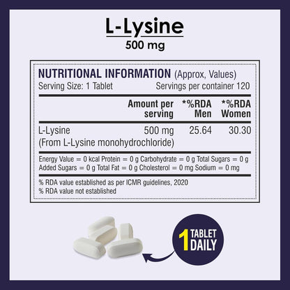 Biotrex Nutraceuticals L-Lysine 500mg | Supports Muscle Growth & Healing | Improve Calcium Absorption & Bone Health | Boost Immunity | L-Lysine Amino Acid | 120 Tablets