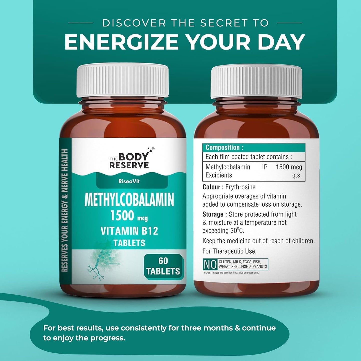 THE BODY RESERVE Vitamin B12 Tablets 1500 mcg as Methylcobalamin | Vitamin B12 Supplement for Energy, Focus & Nerve Health | 60 Veg Tablets (2 Months Supply Pack)