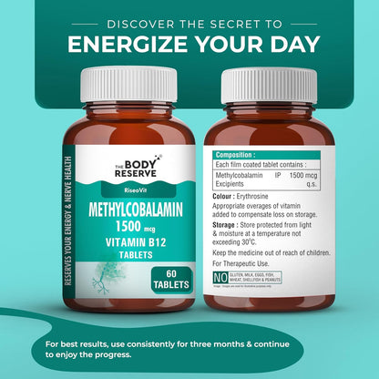 THE BODY RESERVE Vitamin B12 Tablets 1500 mcg as Methylcobalamin | Vitamin B12 Supplement for Energy, Focus & Nerve Health | 60 Veg Tablets (2 Months Supply Pack)