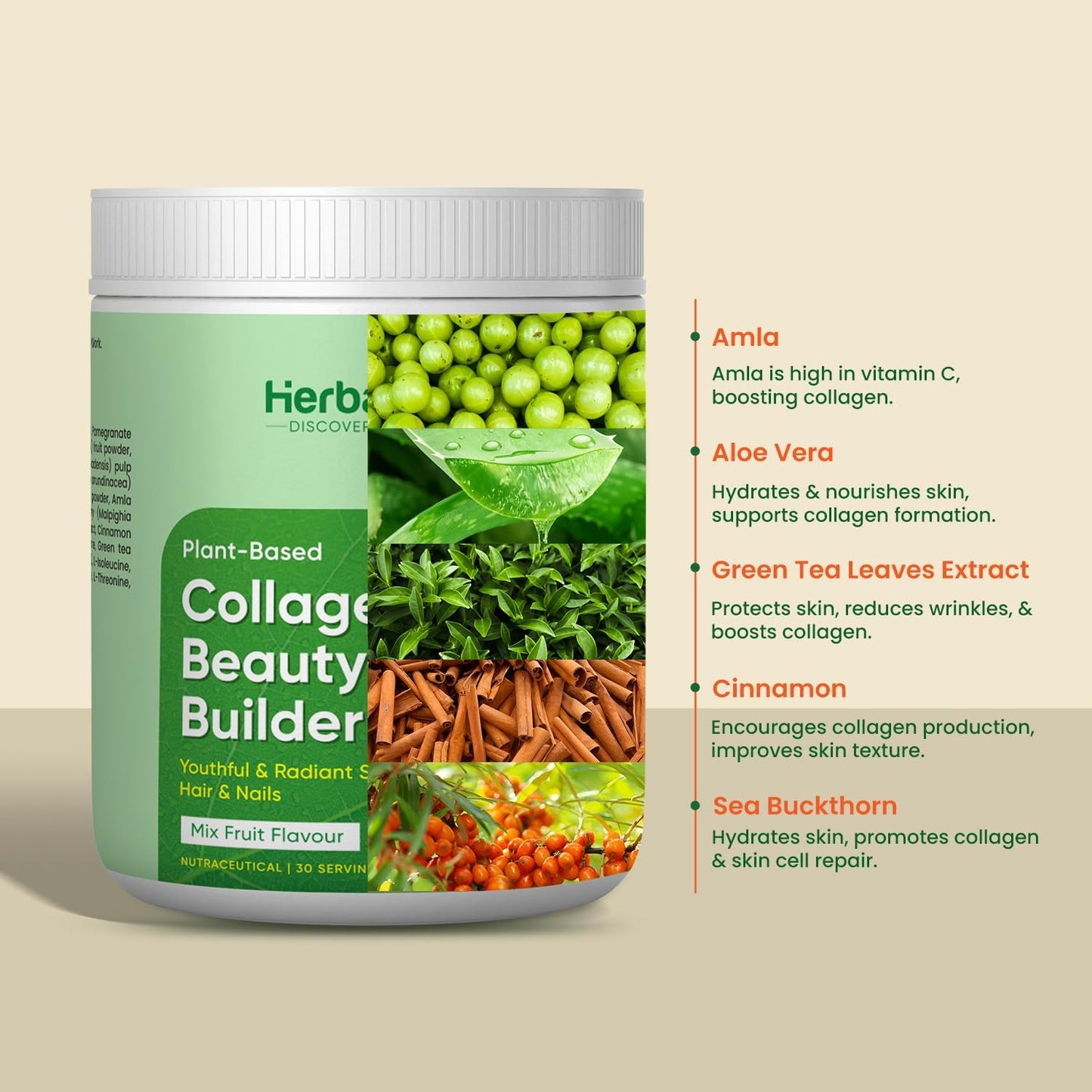 Herbalmax 100% Veg Collagen Beauty Builder 97.5g Plant-Based Collagen Supplement for Hair, Skin, Nails & Joints | With Vitamin C & E | Mixed Fruit Flavour | Naturally Gluten-Free & No Added Sugar
