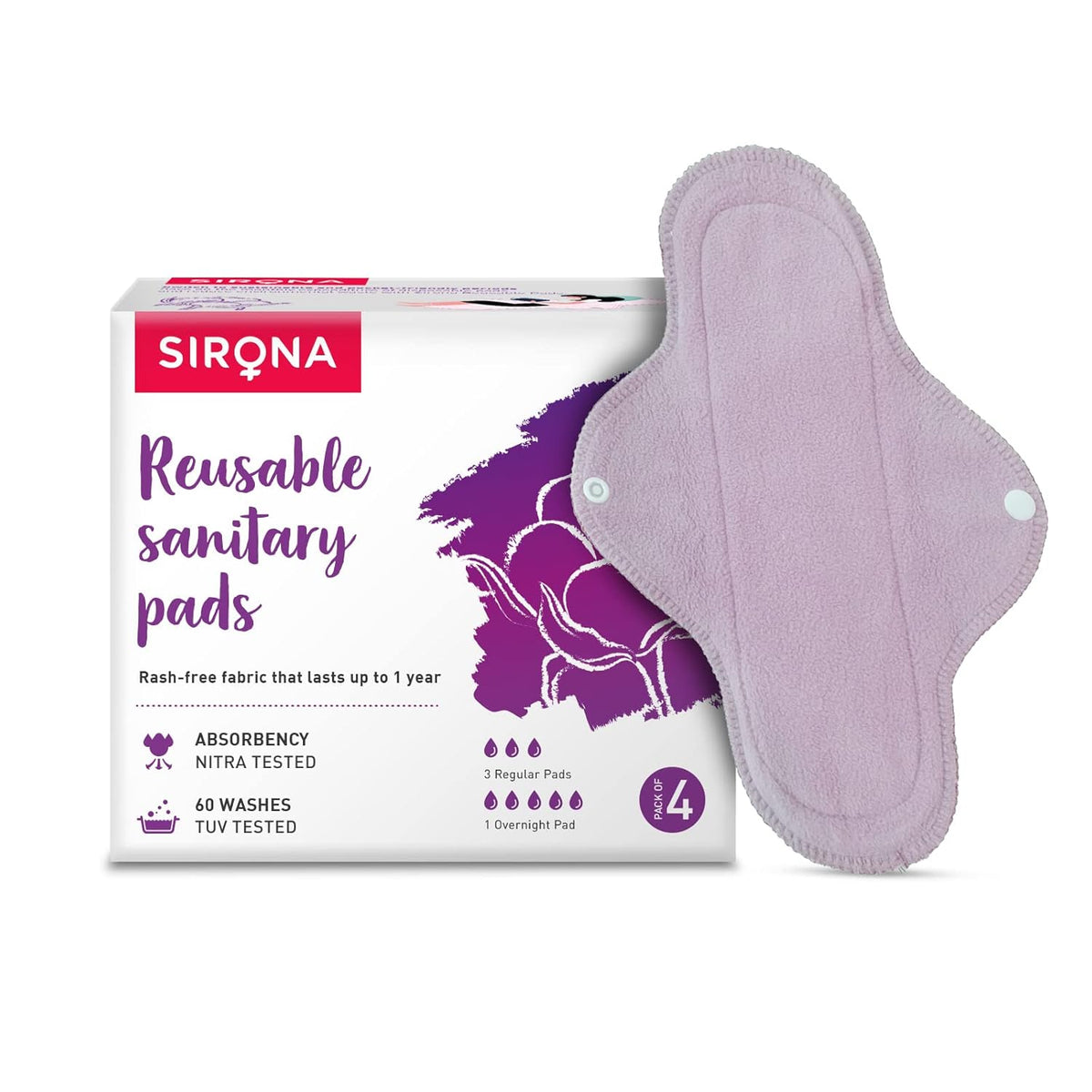 Sirona reusable sanitary pads with packaging on a white background