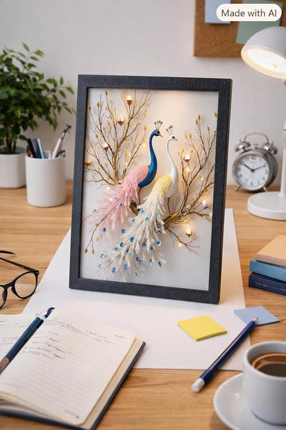 2 peacock Bird Love Painting Hanging Photo Frame Decorative Item for Living Room, Bedroom, Home Decor and Wall Decoration, Paper, With Acrylic Glass SIZE 9 ×12 INCH