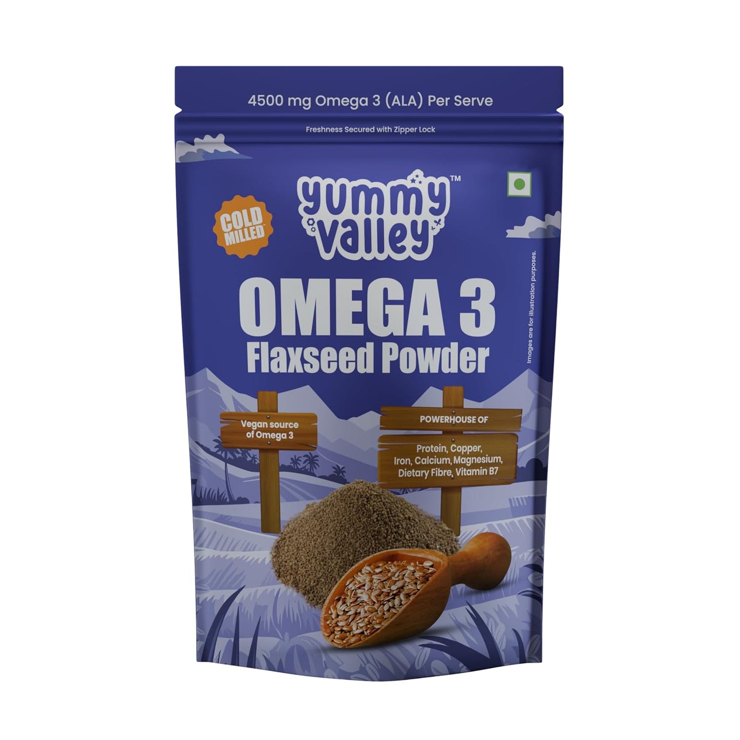 Yummy Valley Omega 3 Flaxseed Powder, 230g | Cold Milled Rich | 4.5g ALA per Serve | High Protein High Fibre | Vegan Plant Based Superfood | Gluten Free | Daily Wellness Nutrition for Women & Men