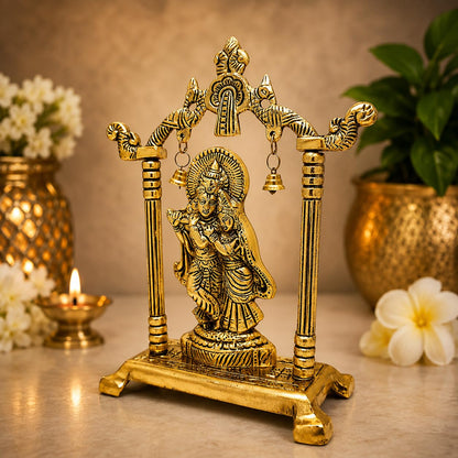 Gold Plated Metal Laddu Gopal Ji Jhula Idol with Antique Golden Finish, Bal Krishna Swing Statue Showpiece for Home, Pooja Room, Living Room, Office Decor, Janmashtami and Gifting