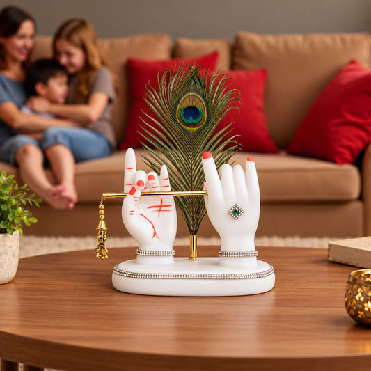 THE SACRED GIFTS Lord Krishna Hands with Flute Idol | Krishna Flute Hand Statue | Krishnaji Hands Idol with Peacock Feather | Statue for Car Dashboard & Griha Pravesh Gift