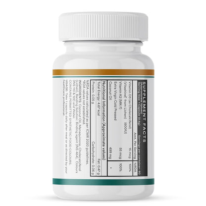 INLIFE Plant Based Vitamin D3 K2 Supplement from Lichen Source with Extra Virgin Cold Pressed Coconut Oil for Bone Health & Immune Support, 600 IU - 60 Vegetarian Capsules (Pack of 1)