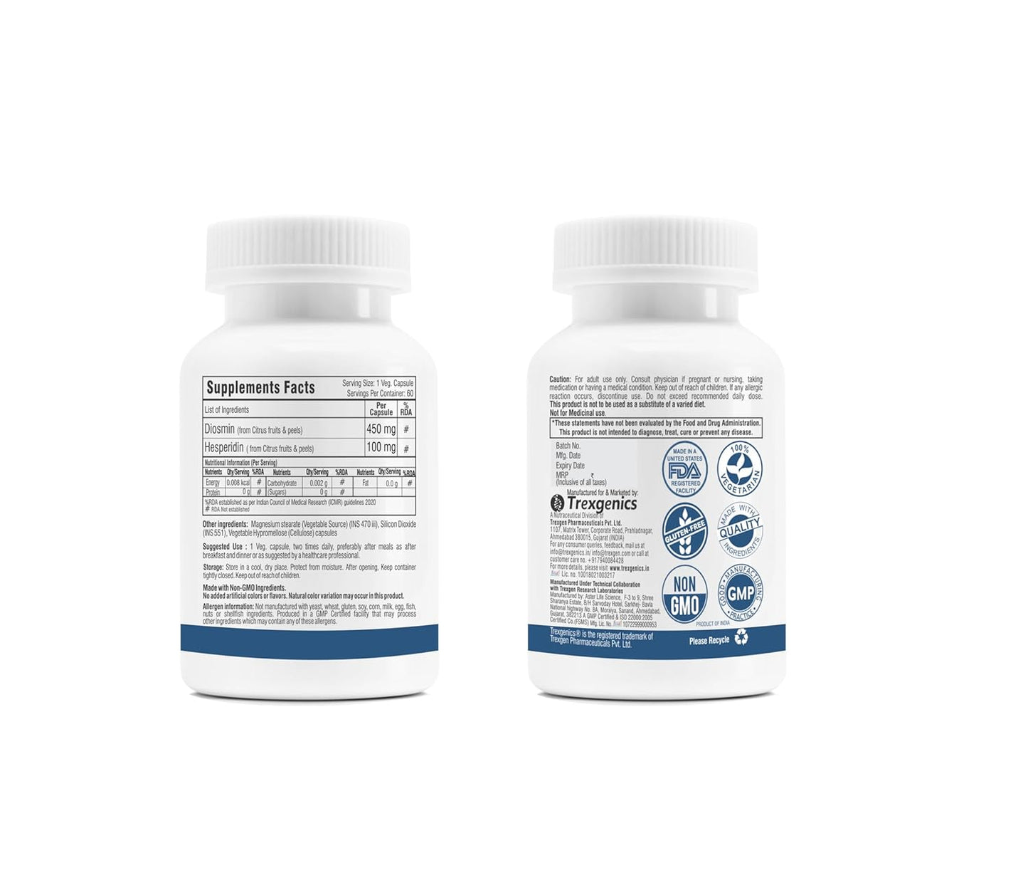 Two supplement bottles with labels on a white background