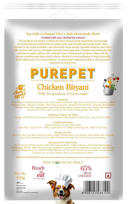 Purepet Fresh Dog Food Chicken Biryani, for Adult & Puppy, 100gm | High Protein, 65% Real Chicken, 35% Veggies & Rice | No Preservatives | Ready to Serve | All Breeds | One Pack One Meal