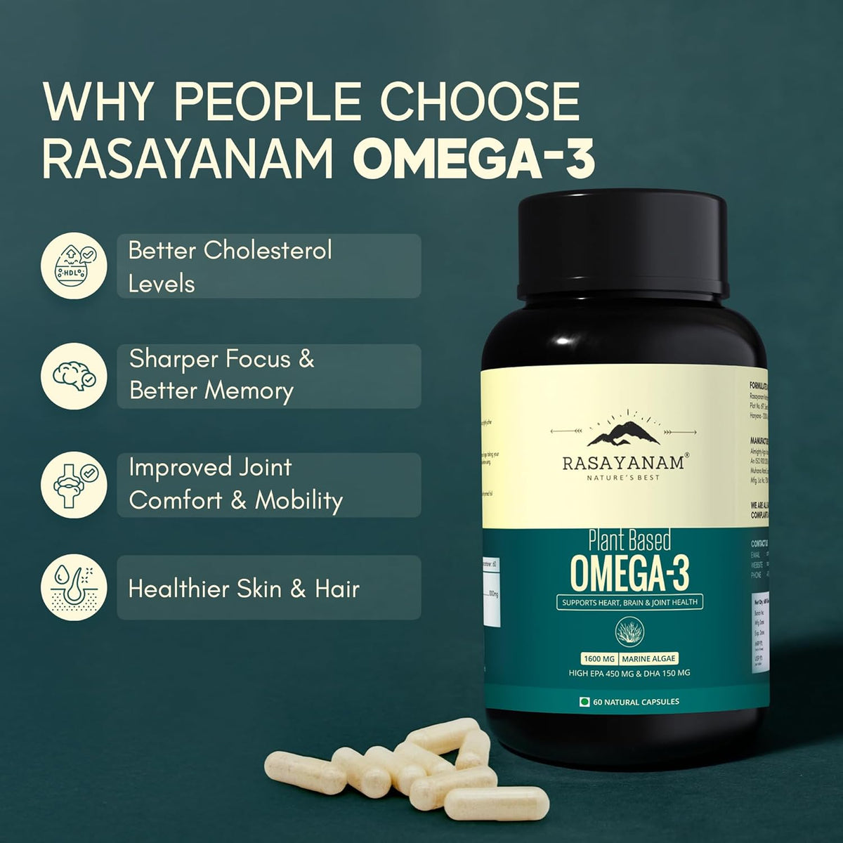 Rasayanam Omega-3 supplement bottle with capsules on a dark green background