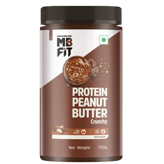 MuscleBlaze High Protein Peanut Butter With Pea Protein & Whey Protein Concentrate, Crunchy, 203 G Protein, Dark Chocolate Spread, 750 Gram