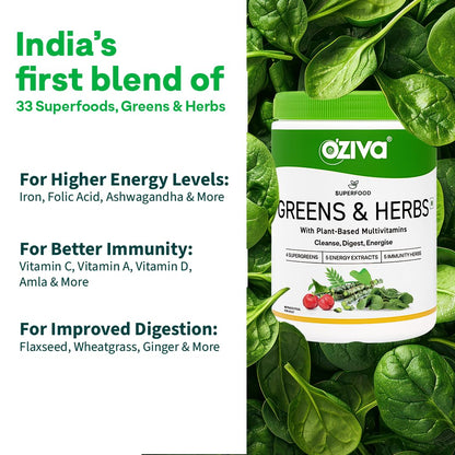 OZiva Superfood Greens & Herbs for Acne Control, Skin Health & Digestion | Daily Greens and 35+ Superfoods, Herbs, Chlorella & Moringa, 200 g