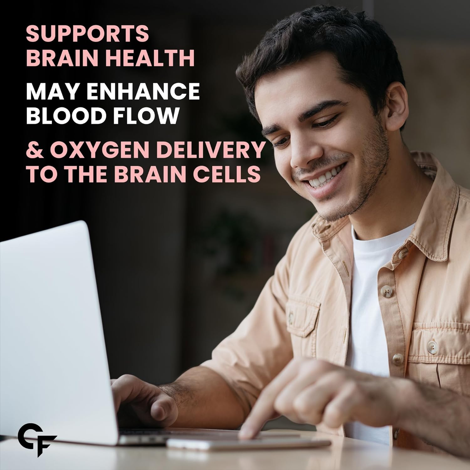 Man using a laptop with text about brain health benefits on a dark background