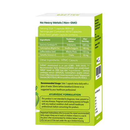 BBETTER Garcinia Cambogia For Weight Loss Capsules For Women And Men - With Green Coffee Green Tea Guggulu Extract & Inulin - Keto supplement- 60 Veg capsules
