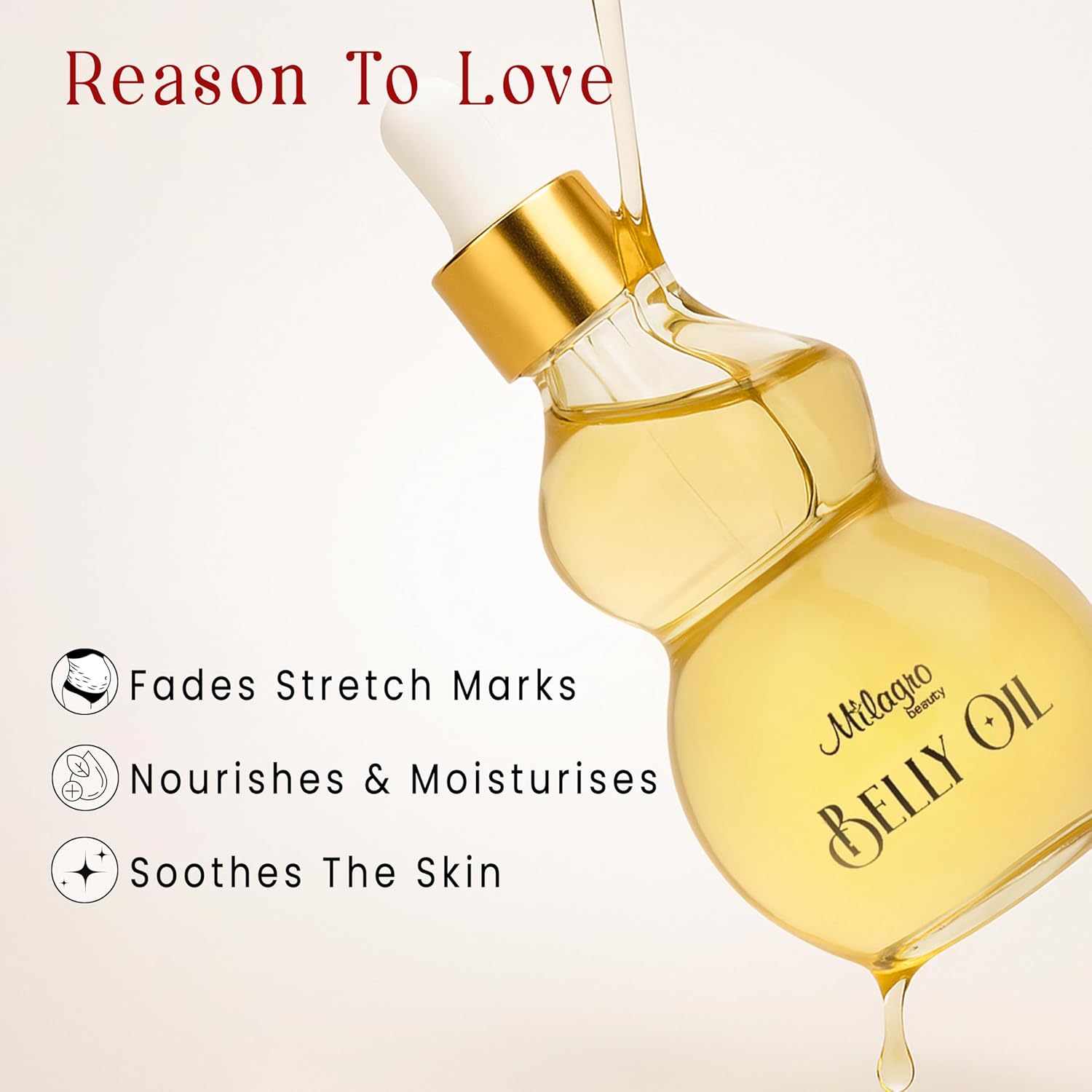 Belly oil dropper bottle with gold cap on a light beige background, featuring text about its benefits.
