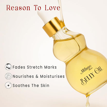 Belly oil dropper bottle with gold cap on a light beige background, featuring text about its benefits.