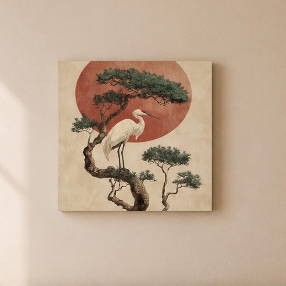 Japanese Crane Art Stretched Canvas Painting for Living Room | Zen Oriental Painting Wall Décor Art For Livingroom, Bedroom, Office, Hallways - 16x16 Inch