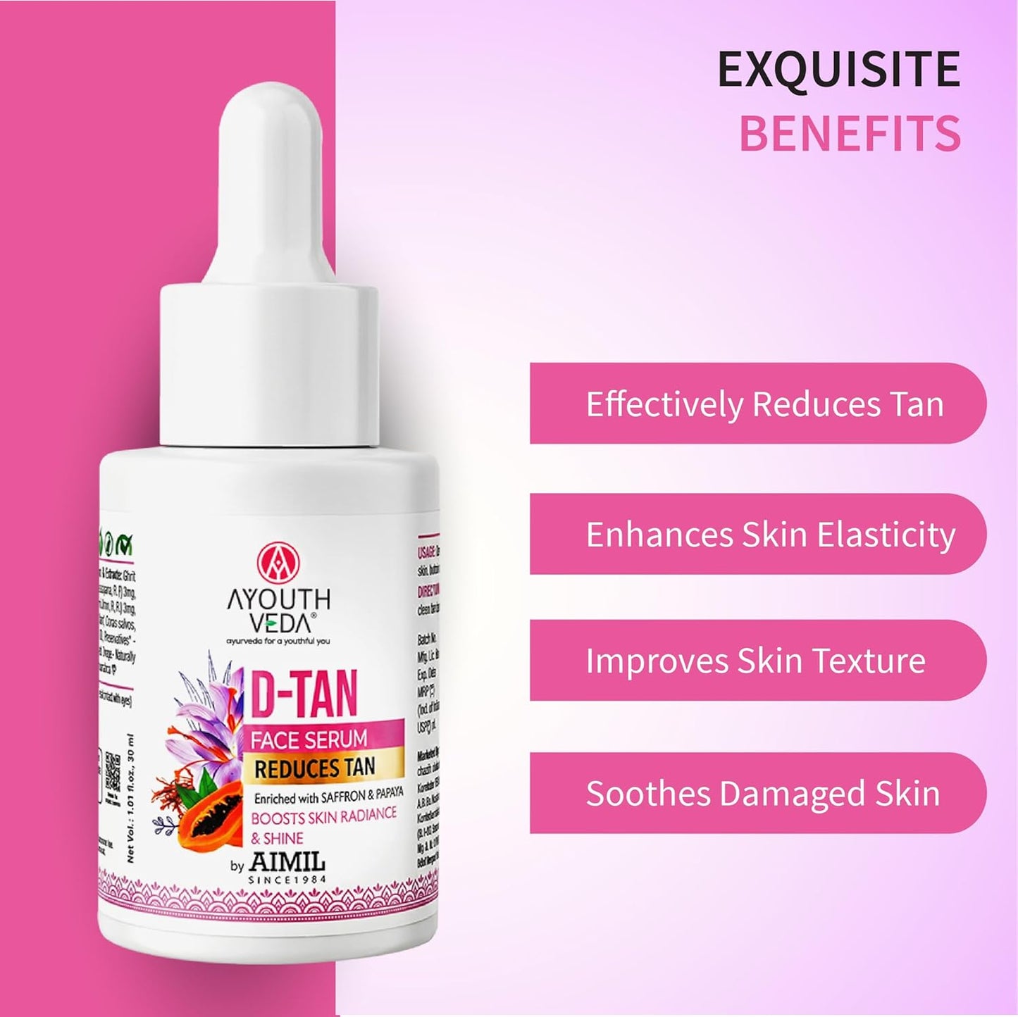 Ayouthveda D-Tan Face Serum Enriched With Saffron & Papaya For Nourished Skin| Address sun damage and achieve a revitalized, Boosts Skin Radiance | For Men & Women| Effectively reduces tan 30ml