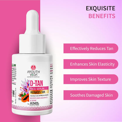 Ayouthveda D-Tan Face Serum Enriched With Saffron & Papaya For Nourished Skin| Address sun damage and achieve a revitalized, Boosts Skin Radiance | For Men & Women| Effectively reduces tan 30ml
