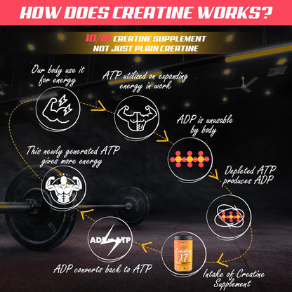 Diagram explaining how creatine works with a gym barbell in the background